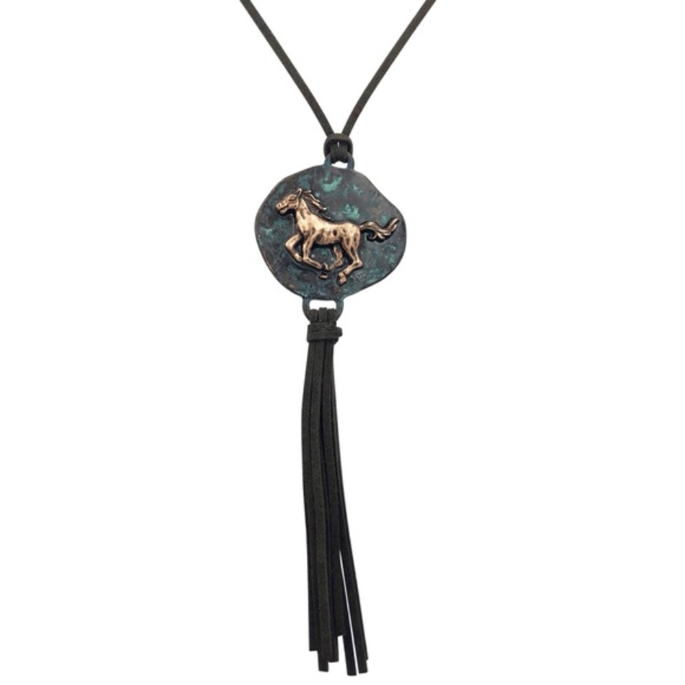 Patina Copper Horse Brown Suede Tassel Necklace